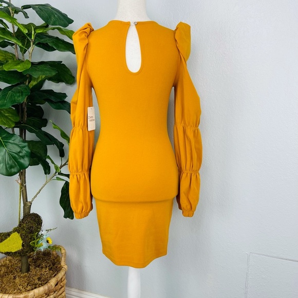 NWT CHERRY MELLOW YELLOW BRONZE LONG SLEEVE PUFF SLEEVE BODY CON DRESS - Picture 2 of 5